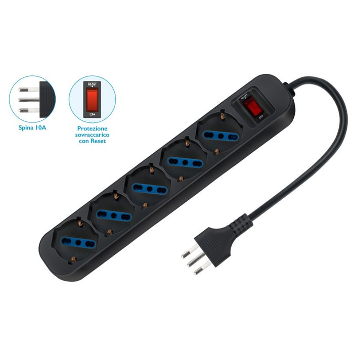 MULTIPRESA 1,5M NERA 5 SCHUKO ANTI-SOVRACCARICO
