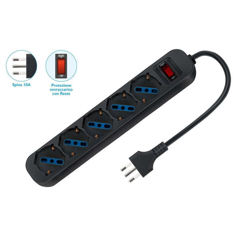 MULTIPRESA 1,5M NERA 5 SCHUKO ANTI-SOVRACCARICO