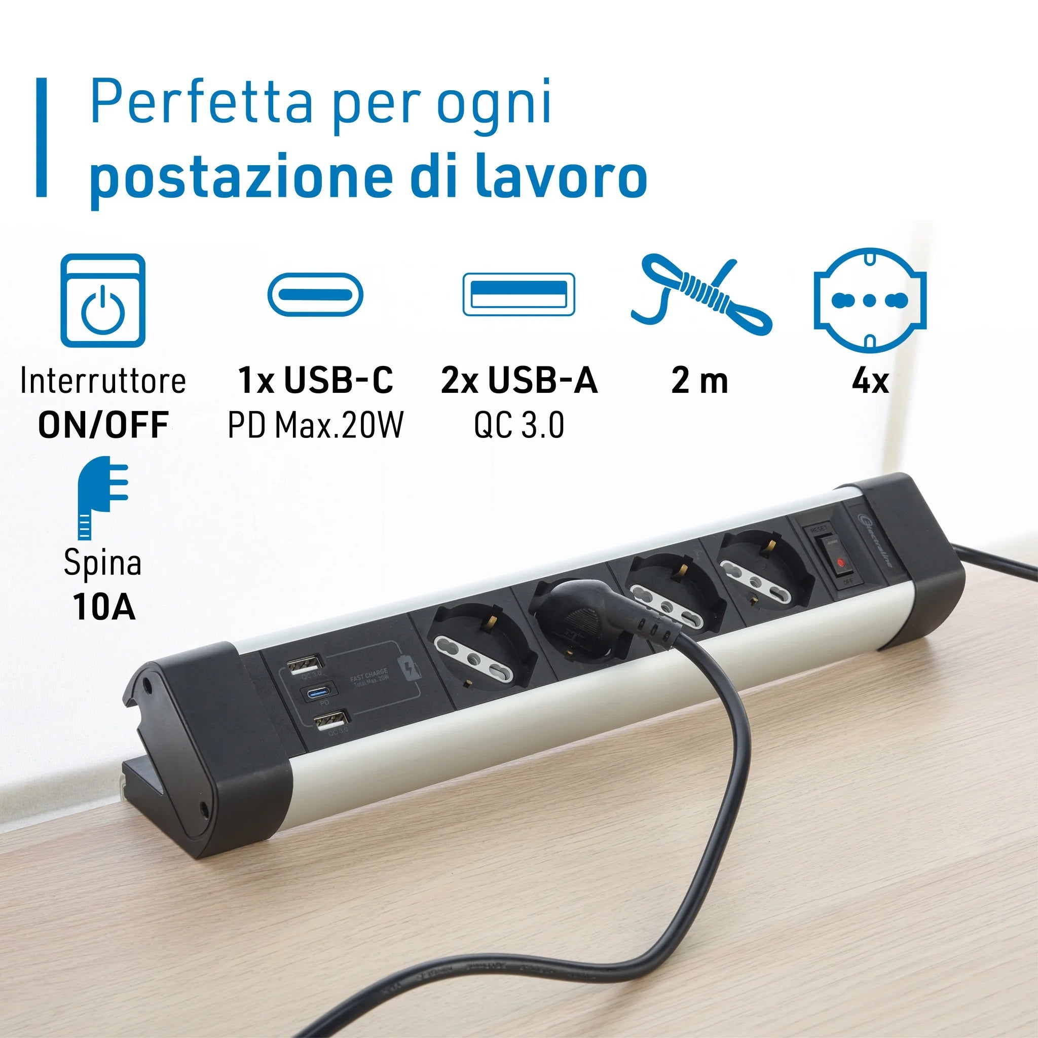 MULTIPRESA SCRIVANIA ALU 4 SCHUKO + 3 USB NERA.