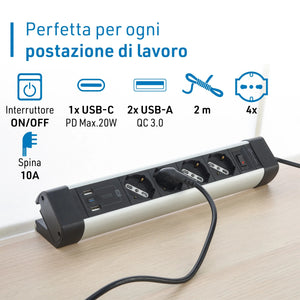 MULTIPRESA SCRIVANIA ALU 4 SCHUKO + 3 USB NERA.