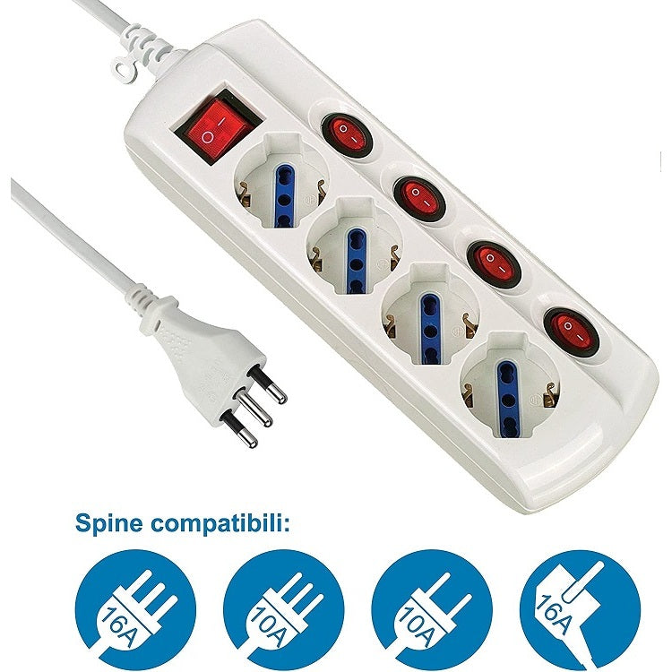 MULTIPRESA UNIVERSALE CON 4 SCHUKO 10/16A CON 4 IN