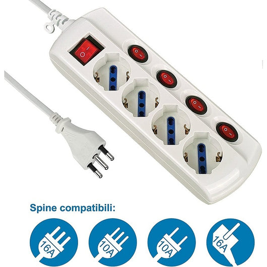 MULTIPRESA UNIVERSALE CON 4 SCHUKO 10/16A CON 4 IN