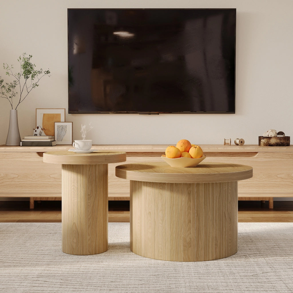 Tavolini da Salotto Impilabili Rotondi con Gambe a Listelli; Stile Moderno; in MDF; Naturale