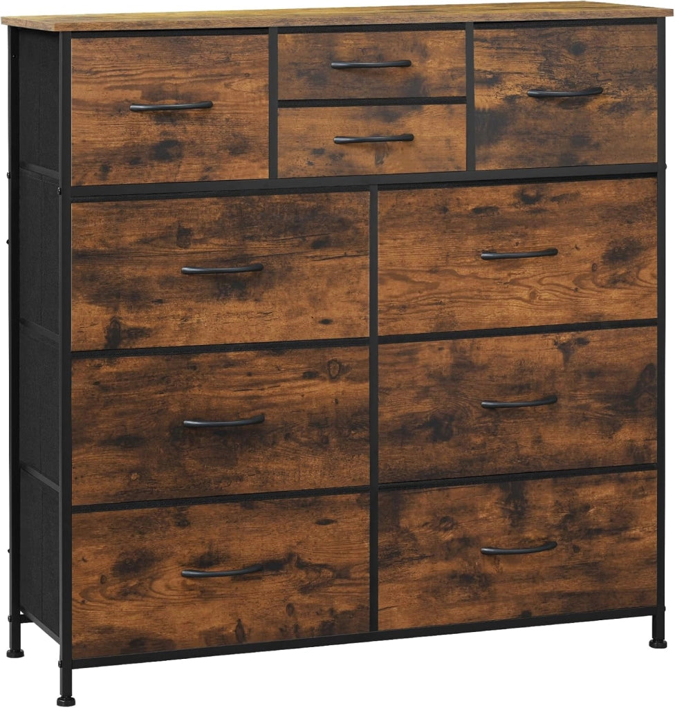 Cassettiera, 10 Cassetti per Camera da Letto/Corridoio/Soggiorno,arrone Rustico e Nero con Motivo Fiore Retrò, Struttura in Metallo, 100x 30x 100cm, SSK009pw