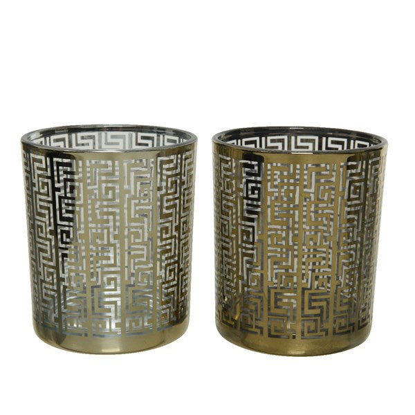 PORTA CANDELE IN VETRO D.7XH8CM DECORO MEANDRO ASS