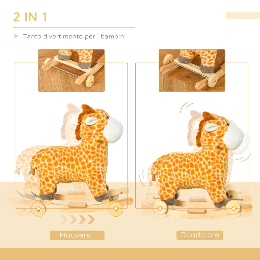 Cavallo a Dondolo per Bambini in Legno e Peluche Giraffa Giallo