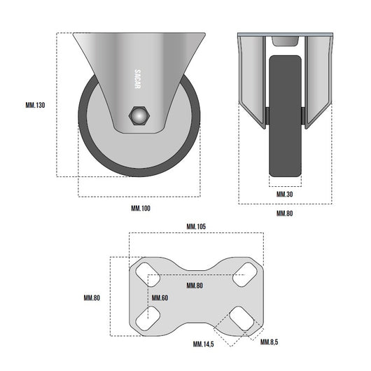 RUOTA GOMMA TERMOPLASTICA FISSA MM.100