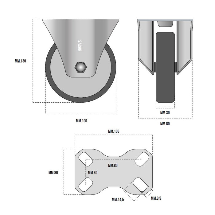 RUOTA GOMMA TERMOPLASTICA FISSA MM.100