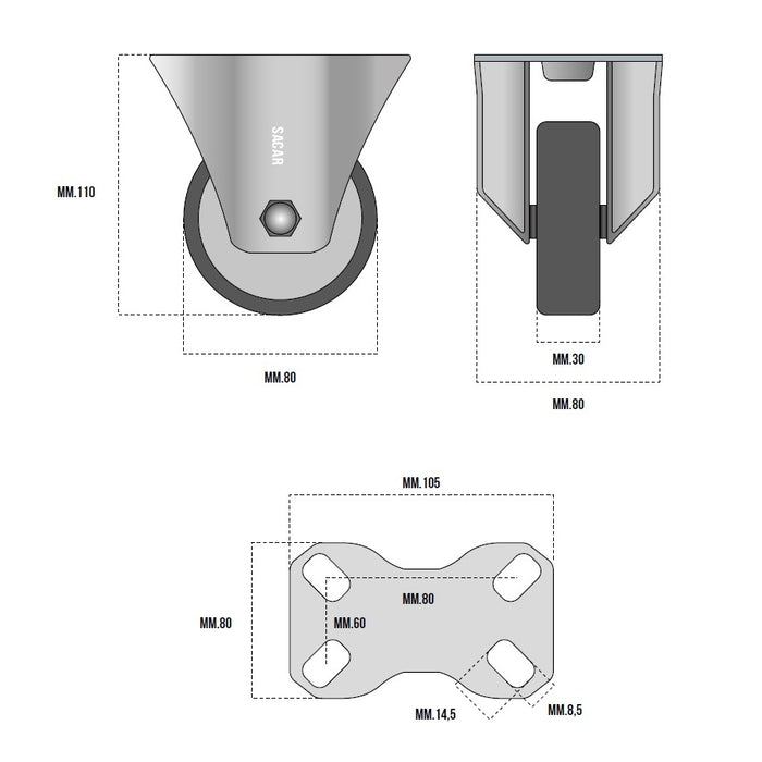 RUOTA GOMMA TERMOPLASTICA FISSA MM.80