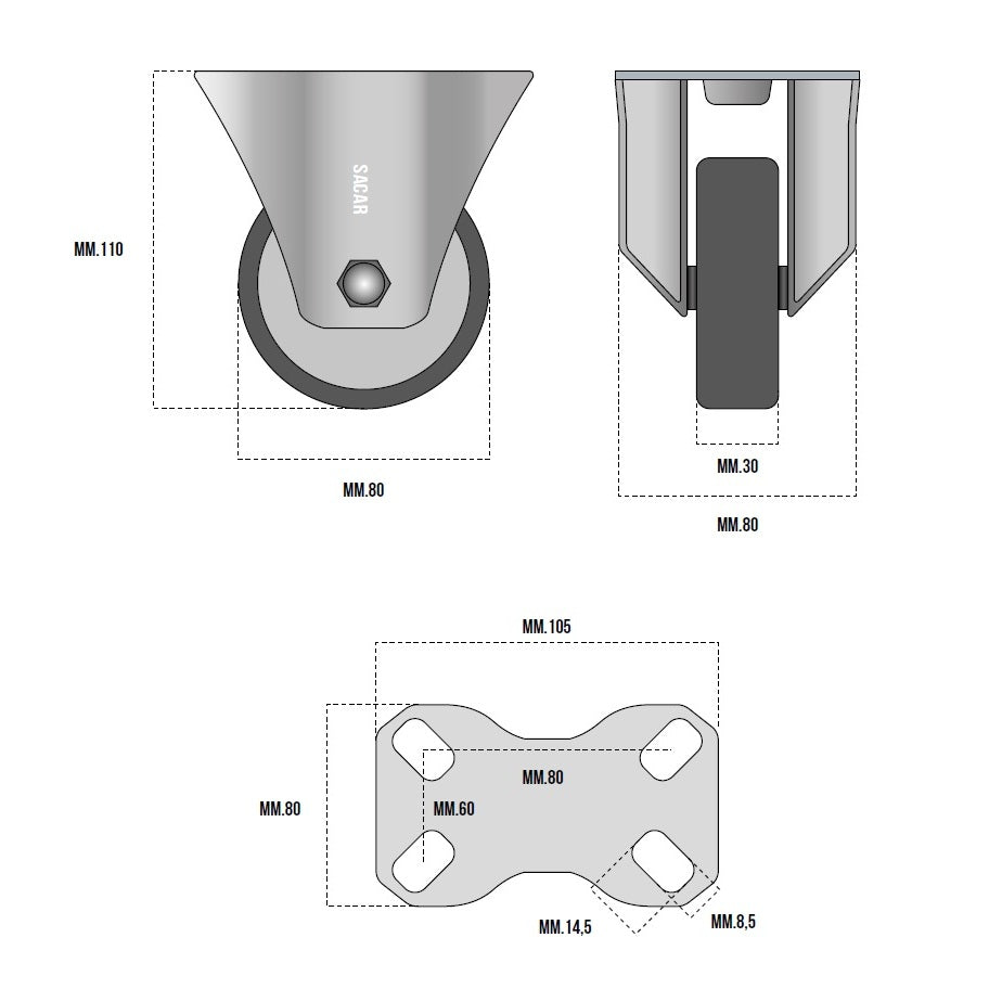 RUOTA GOMMA TERMOPLASTICA FISSA MM.80