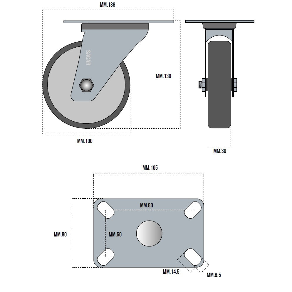 RUOTA GOMMA TERMOPLASTICA GIREVOLE MM.100