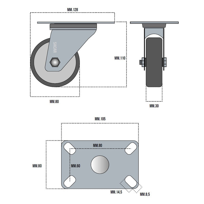 RUOTA GOMMA TERMOPLASTICA GIREVOLE MM.80