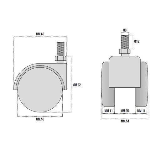 RUOTA NYLON MM.50 NEUTRA CON PERNO M8X15