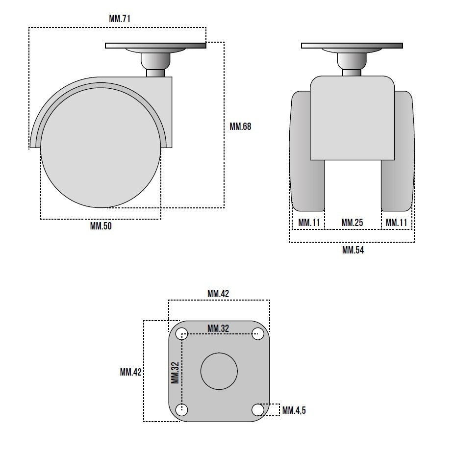 RUOTA NYLON MM.50 NEUTRA CON PIASTRA 42X42