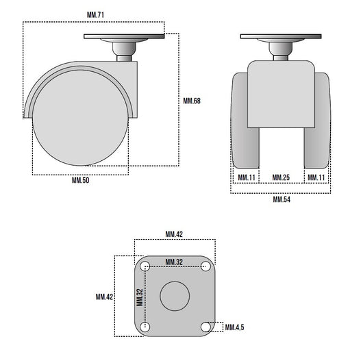 RUOTA NYLON MM.50 NEUTRA CON PIASTRA 42X42