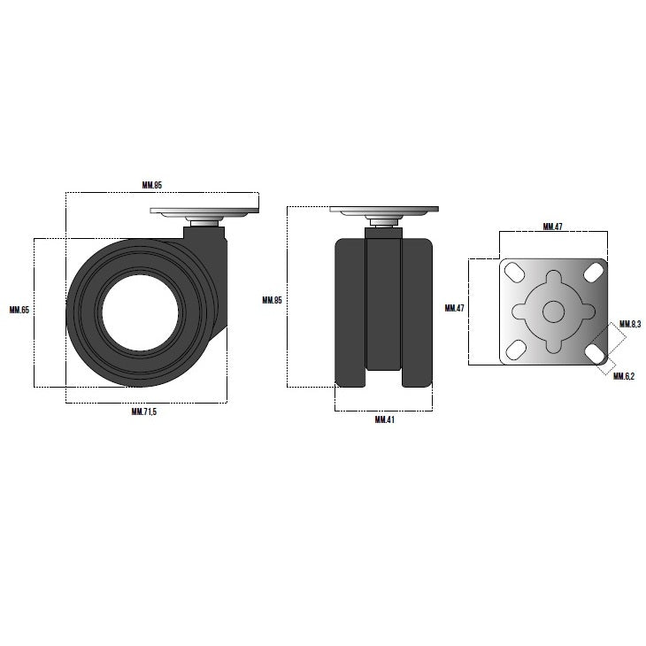 RUOTA WHOLE NERA POLIURETANO MM.65 CON PIASTRA 47X