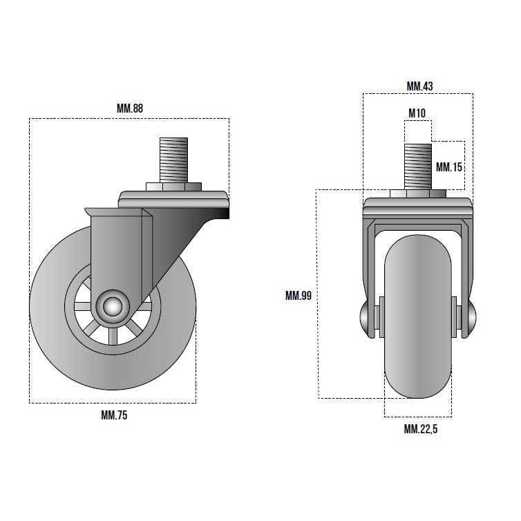 RUOTA TRASPARENTE MM.75 PERNO M10X15
