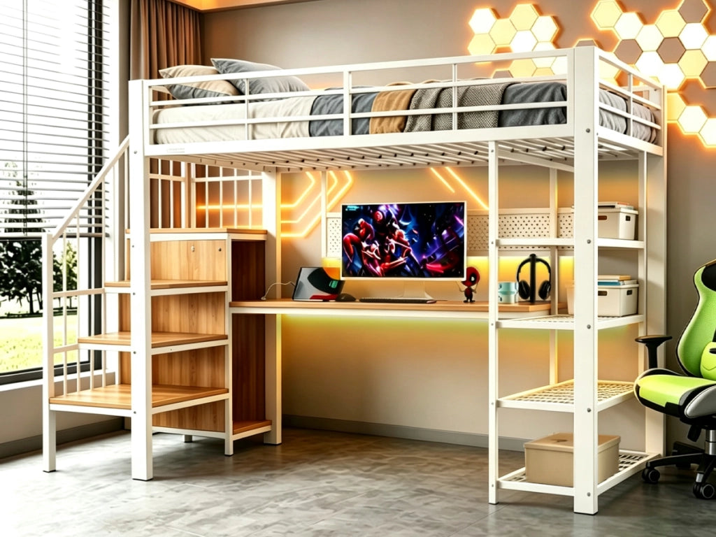 Letto a soppalco singolo 90 × 200 cm con scale contenitore, LED, prese elettriche e ripiani, senza materasso
