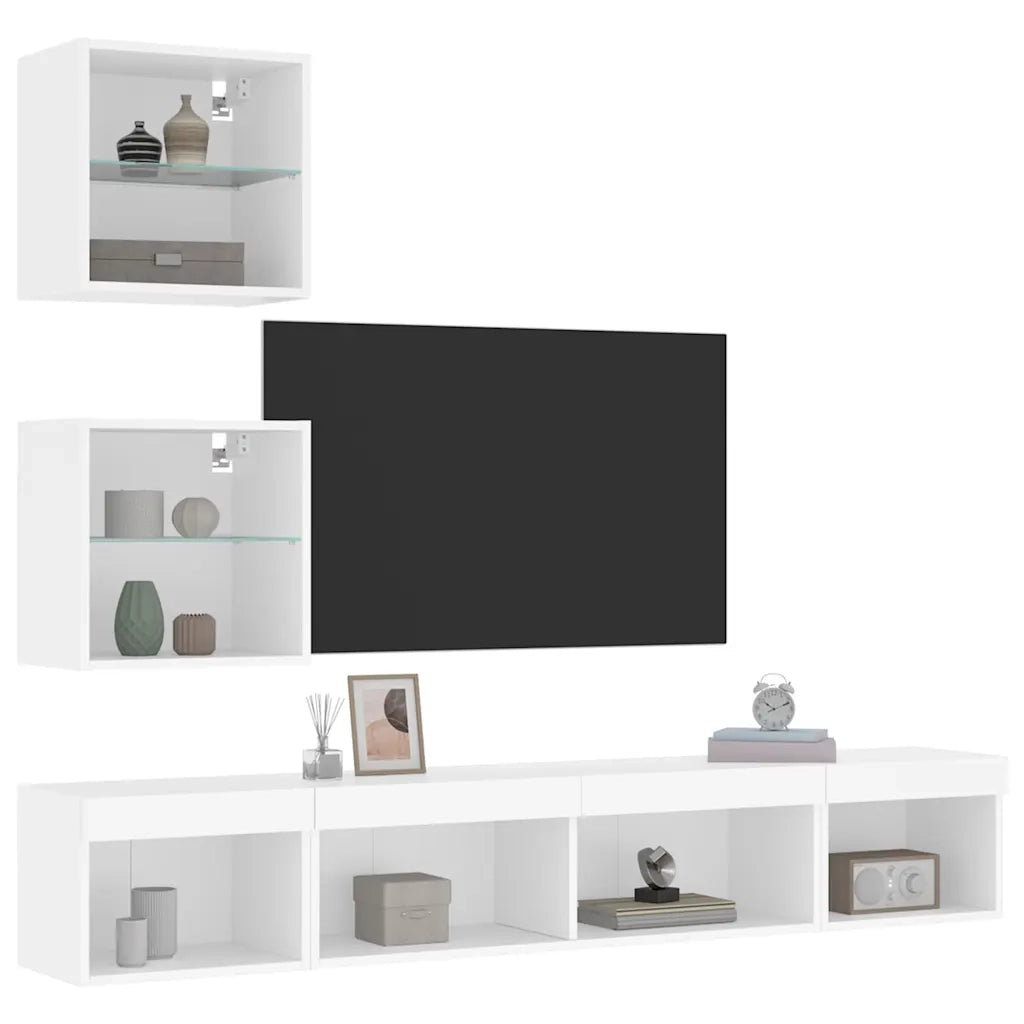 Mobili TV a Muro con LED 5pz | Armadietto TV | Mobile Porta TV Bianchi in Legno Multistrato