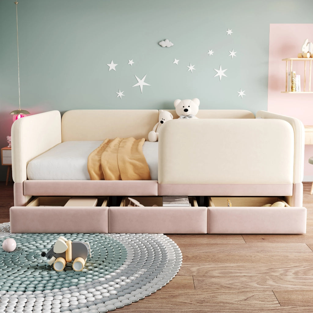 Letto imbottito per bambini 140x200 cm con parapetto perimetrale; bordi arrotondati e ampio cassetto; velluto rosa