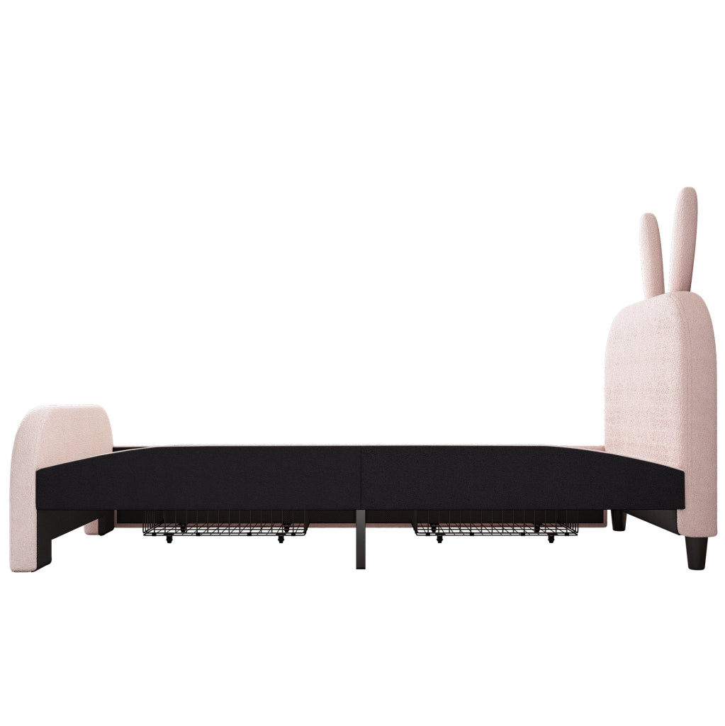 Letto singolo ULEVR 90x200 cm a forma di coniglio con testiera imbottita e 2 cassetti, rosa