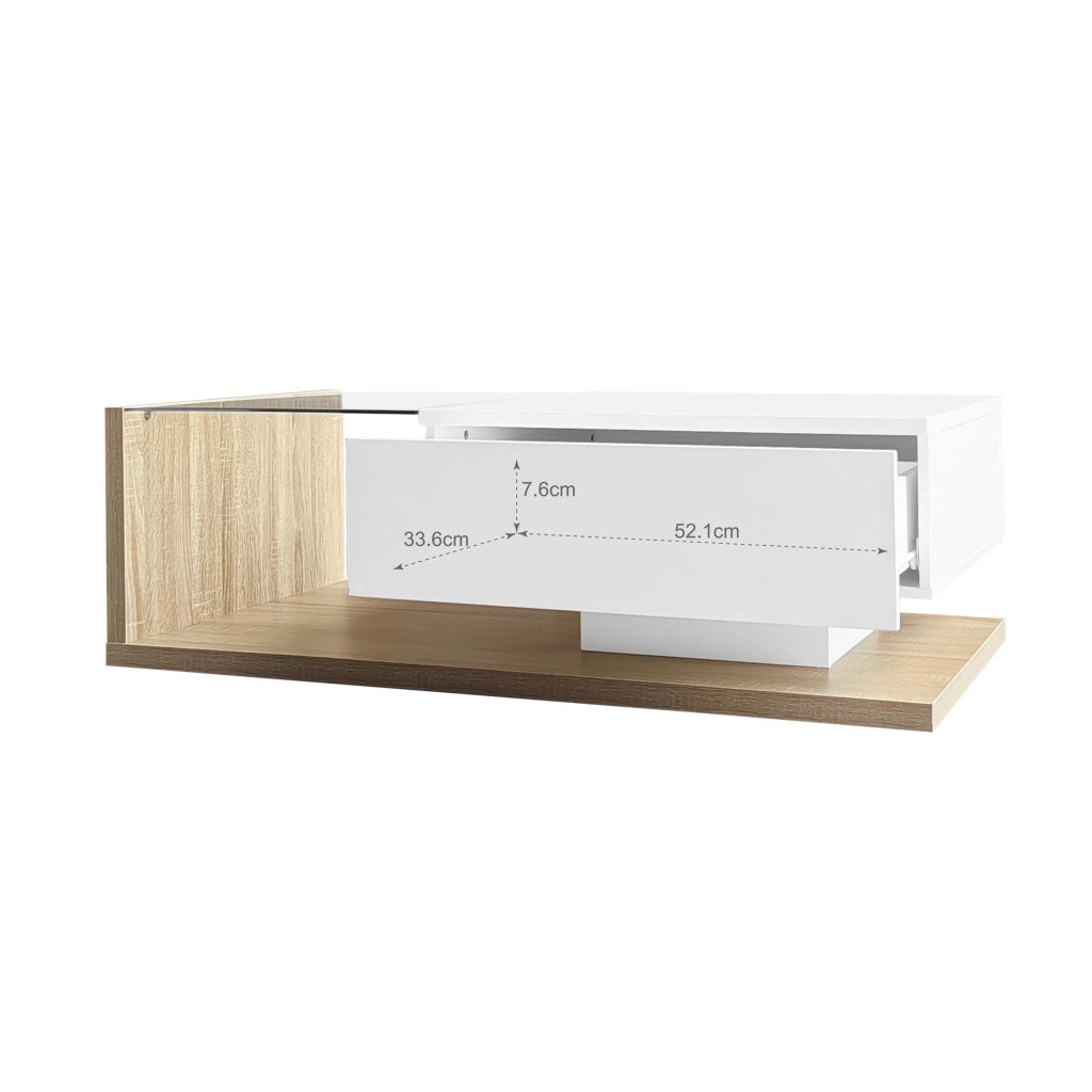 TAVOLINO DA SALOTTO 105x55 cm Bianco lucido e legno con vetro e LED