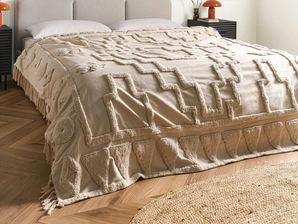 Coperta Beige Cotone 200 x 220 cm Grande Coperta Letto Lancio Ciuffo Stile Boho