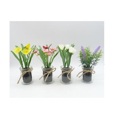 VASO CON FIORI D.5,5XH16CM ASSORTITI IN VETRO TRAS