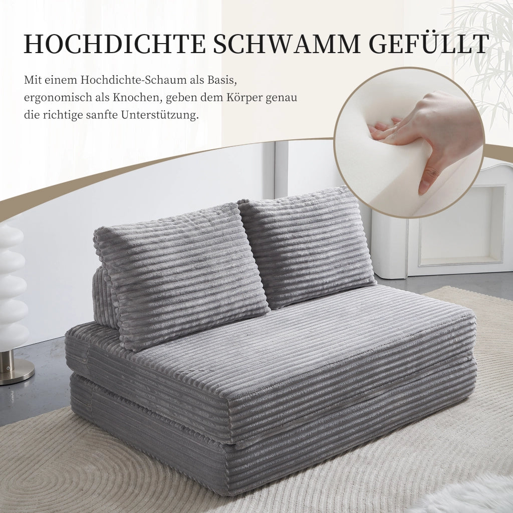 Divano letto multifunzionale in tessuto con schienali removibili e texture effetto velluto, grigio chiaro