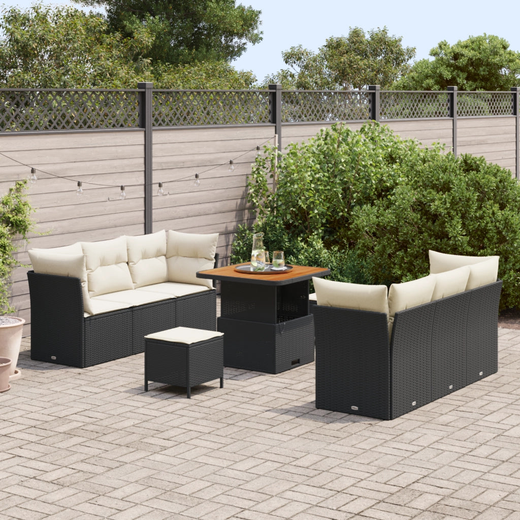 Set da Giardino  9 Pezzi con Cuscini Nero Polyrattan Acacia