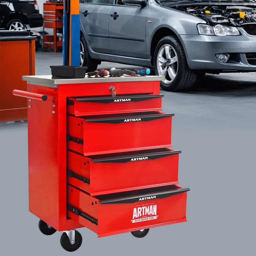 Carrello portautensili con 4 cassetti 4 ruote e serratura per garage e officina in acciaio rosso e nero 62.5 × 34.5 × 78 cm