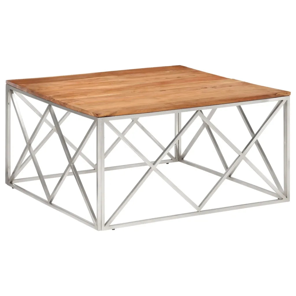 Tavolino Salotto Argento Acciaio Inox e Legno Massello Acacia 349983