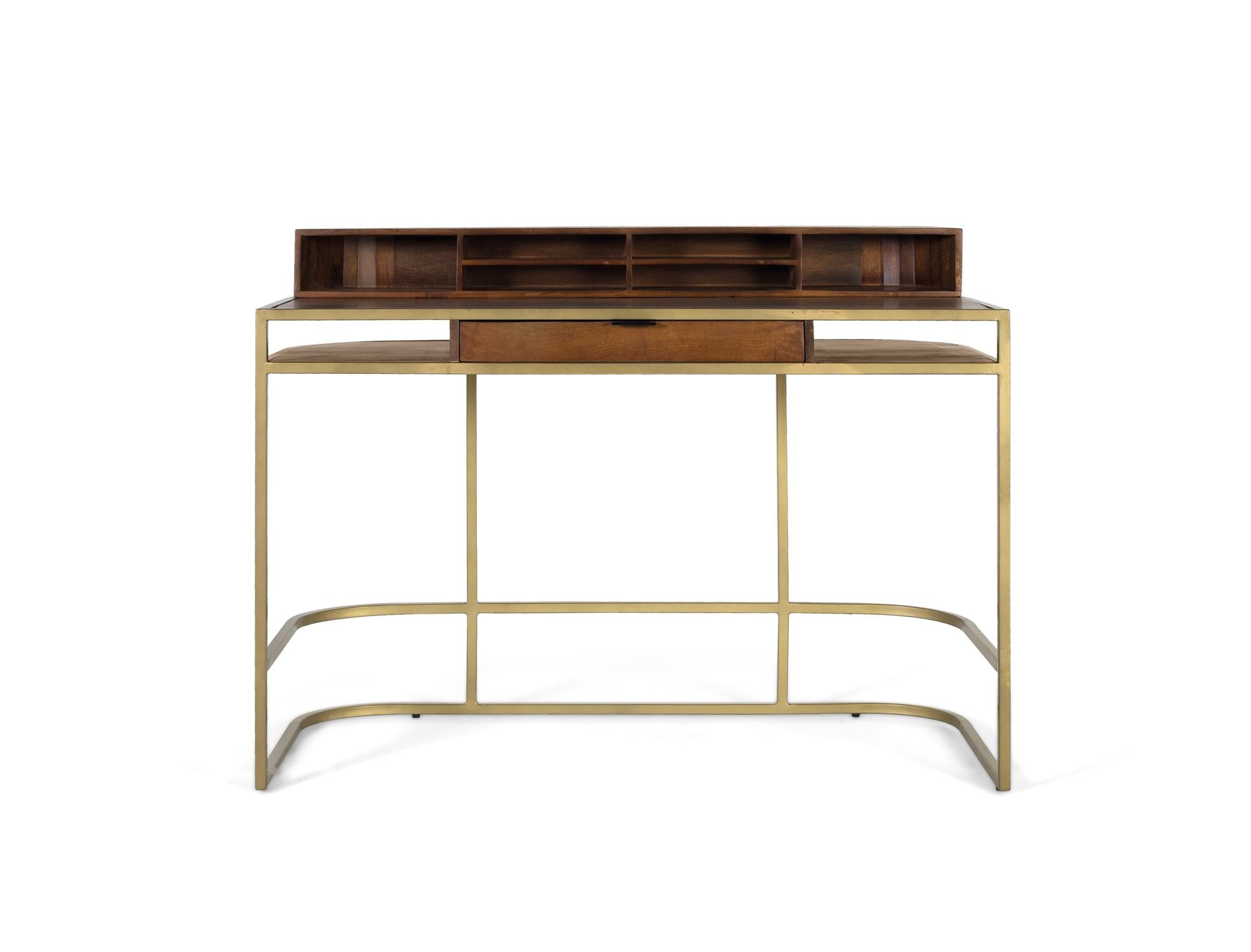 Scrivania artigianale in legno di mango con struttura dorata