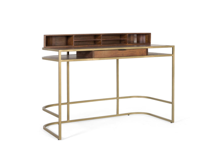 Scrivania artigianale in legno di mango con struttura dorata