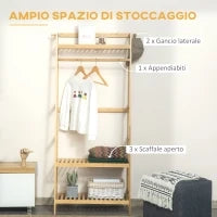 Appendiabiti in Legno di Bambù da Terra con Ripiani, 70x42x164cm, Colore Legno