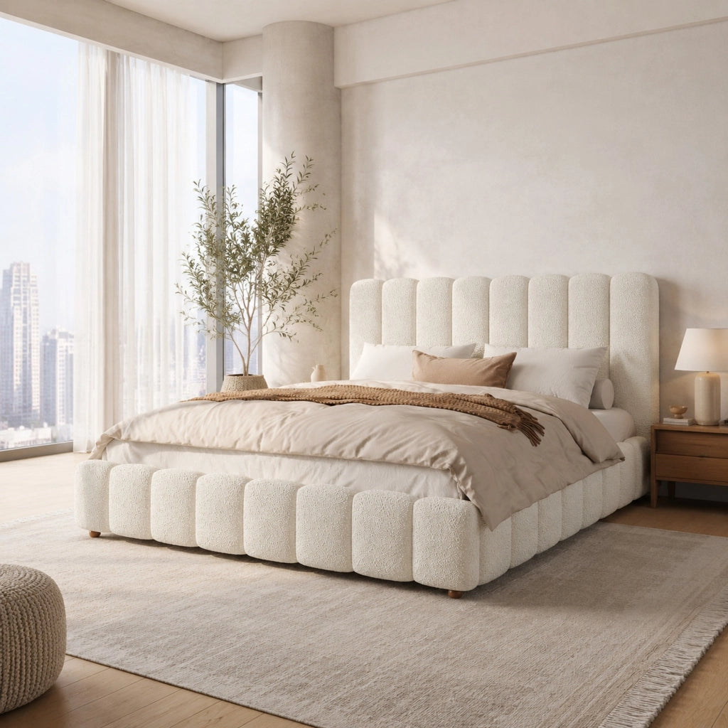 Letto matrimoniale imbottito 180x200 cm con contenitore idraulico, rete a doghe, testiera e struttura in bouclé bianco
