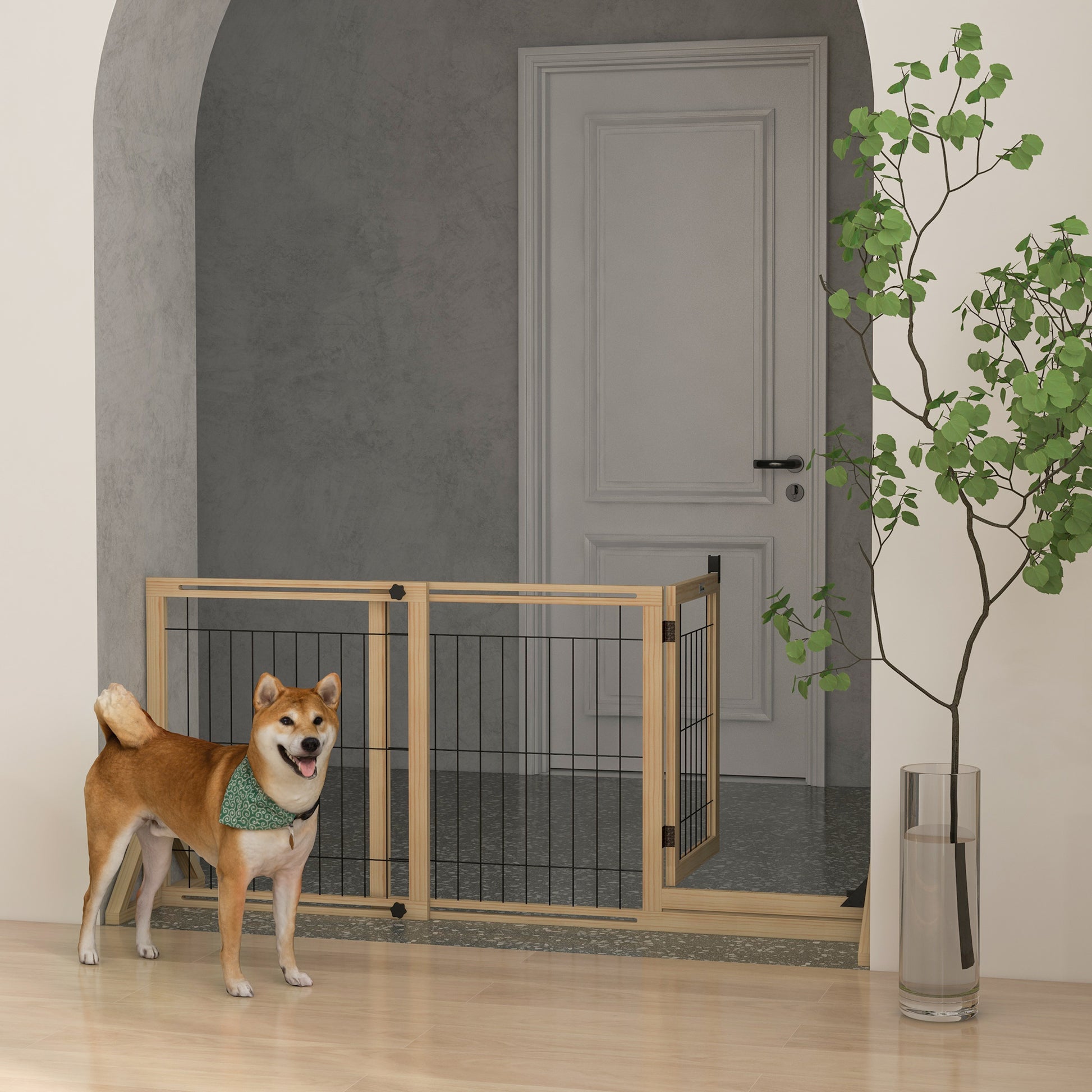 Cancelletto per Cani Estensibile 112-159x70 cm con Porta e 2 Pannelli in Legno Naturale