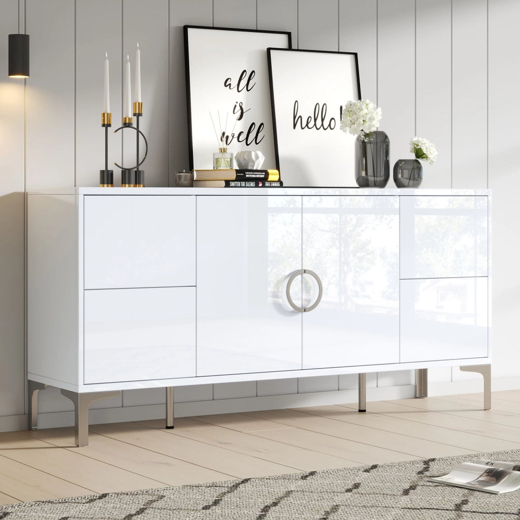 Credenza Moderna ¨C Xylo ¨C Bianco Lucido, MDF, 4 Cassetti, 2 Ante, 150x59x38