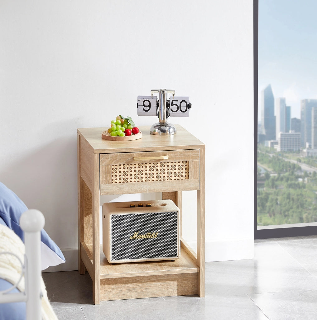 Comodino in MDF naturale con finitura effetto rattan