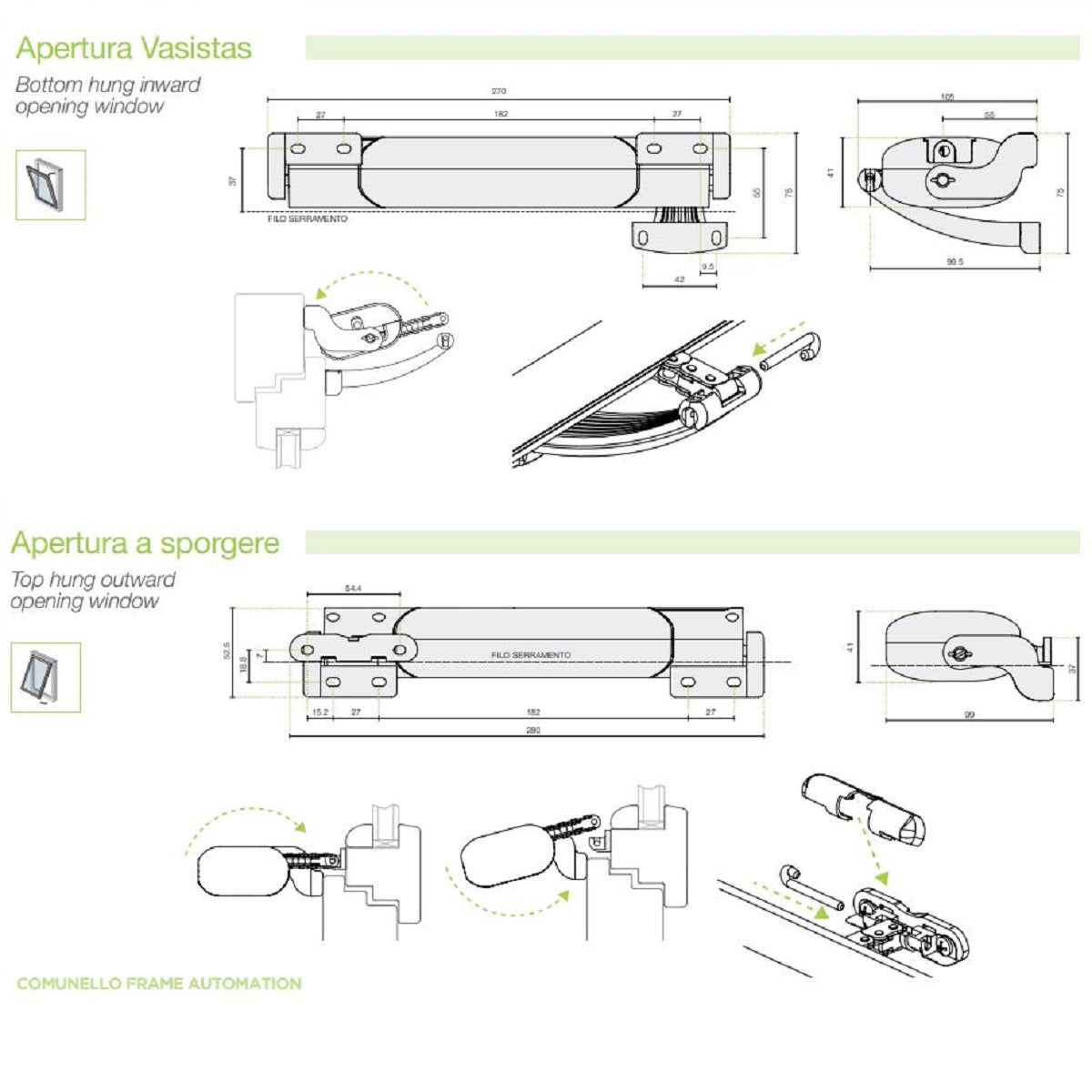 Attuatore a catena smart per vasistas 230v colore bianco ral 9010. F.lli Comunello msmart20h0w00