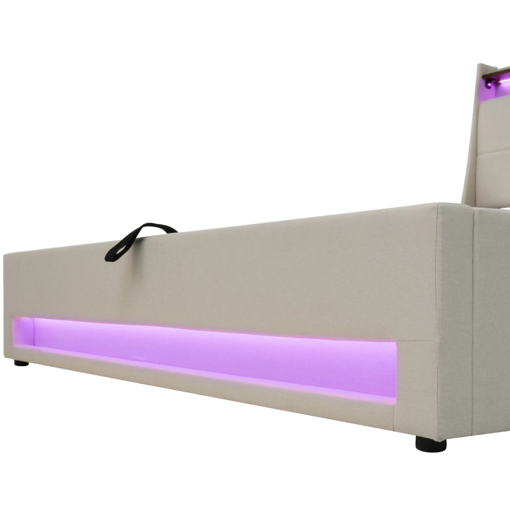 OKWISH Letto Contenitore 140×200 cm, Letto Matrimoniale con LED Regolabile, 2 USB e Mensola, senza Materasso, in Lino, Beige