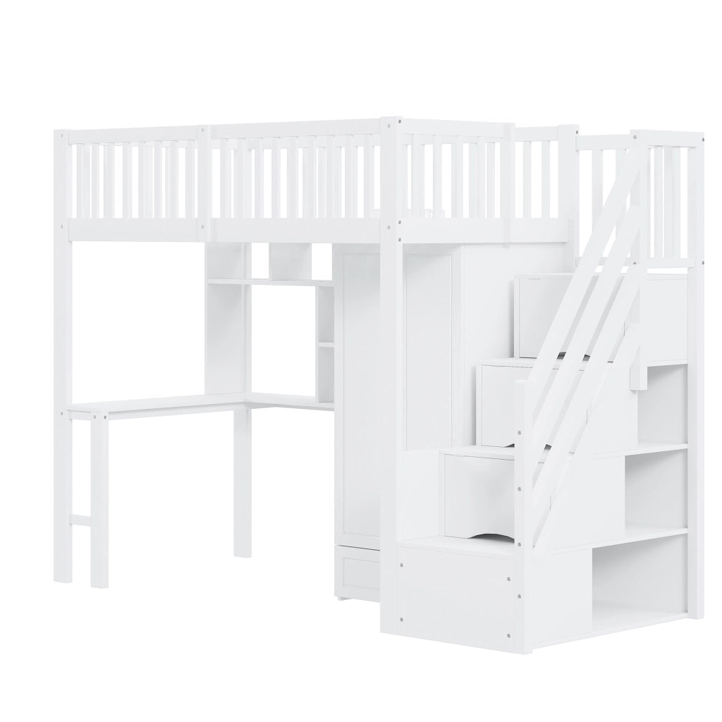 Letto soppalco di deposito; 90x200cm; armadio; scaffale; scrivania; scale; bianco