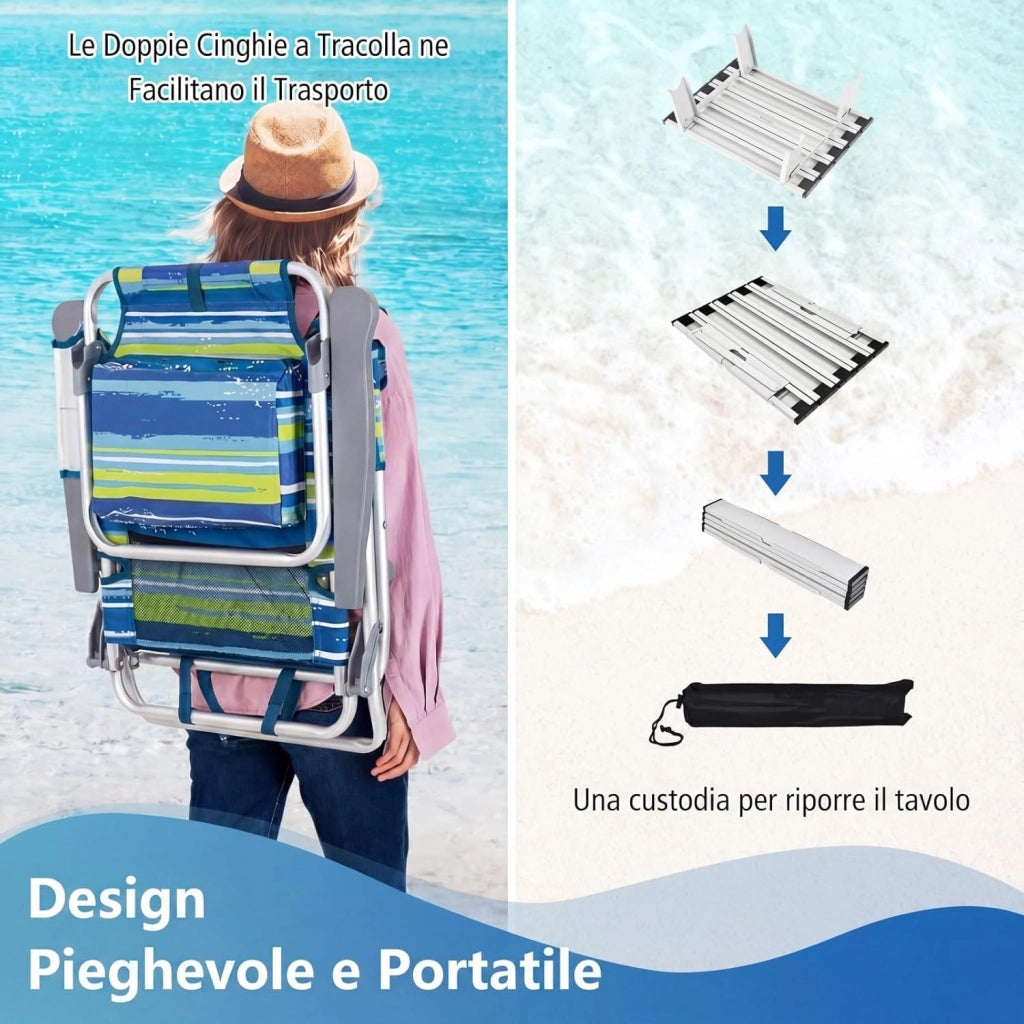 Set di 2 Sedie e Tavolino da Spiaggia Pieghevole, Schienale Regolabile a 5 Livelli, con Portatesta, Borsa Portaoggetti, Borsa Termica, per Campeggio Picnic Esterno (Blu+Verde, Modello 2)