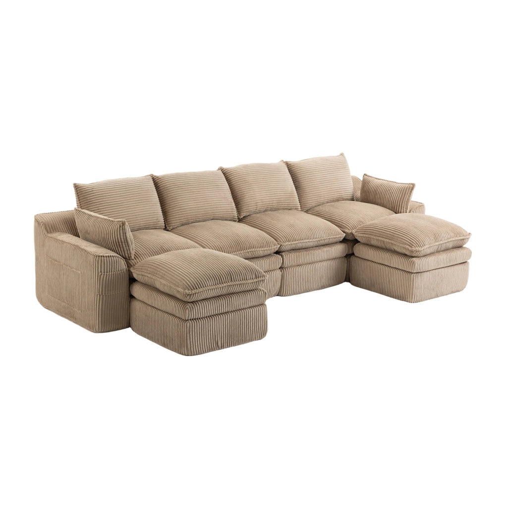 Divano modulare in velluto a coste kaki 335×167×85 cm con tasche laterali