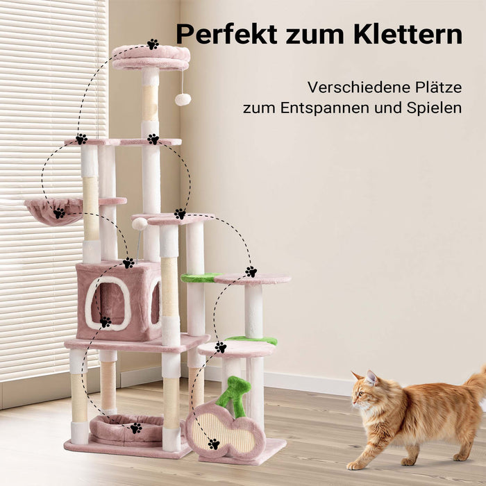 Fudajo Albero tiragraffi Ciliegia 162cm Rosa Con sisal, casetta per gatti e cucce