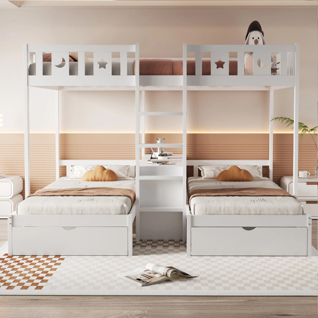 Letto a Soppalco con Scala, Cassetti e Contenitore ¨C MINIMAL ¨C Massello Bianco 90x200 / 140x200