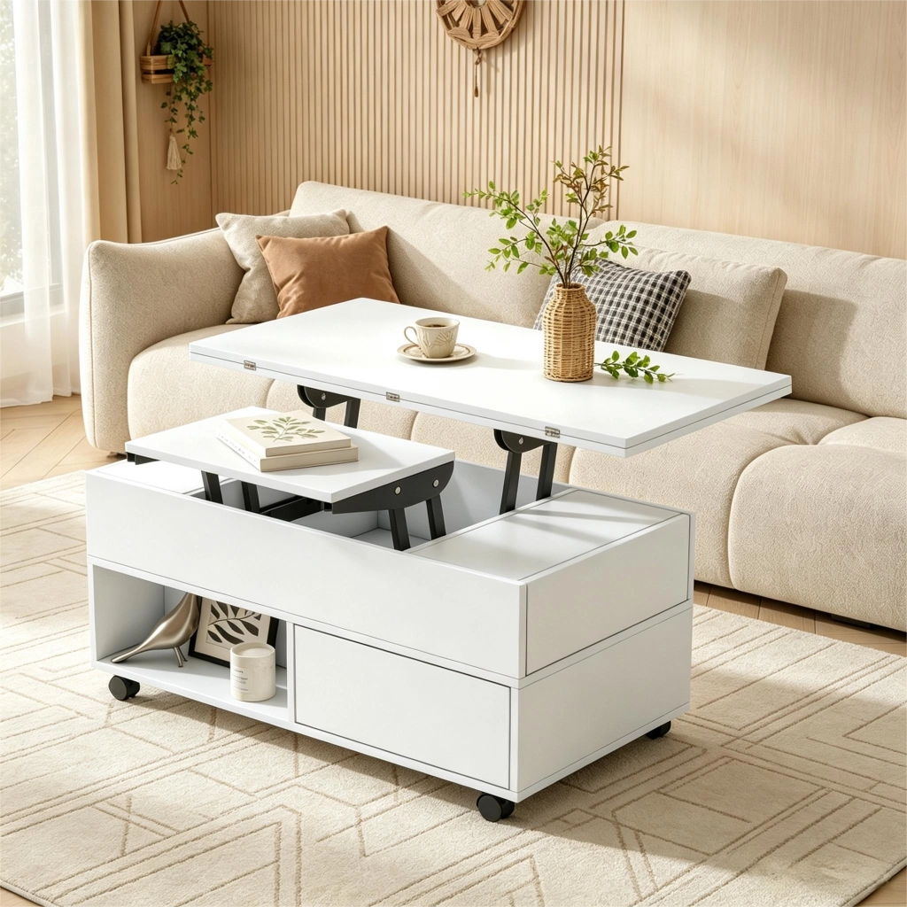 Tavolino da caffè alzabile con 4 cassetti e ruote - per soggiorno - 100x50x52 cm - bianco