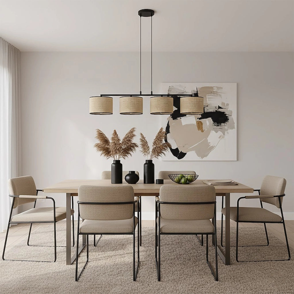 Lampada a sospensione ECO in acciaio nero e rattan