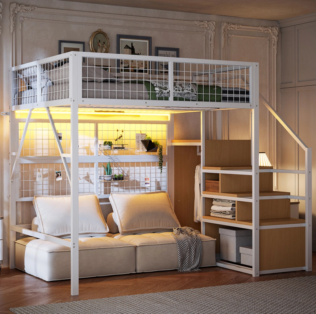 Letto a soppalco 140x200 cm con scala contenitore; armadio aperto e LED APP in metallo bianco