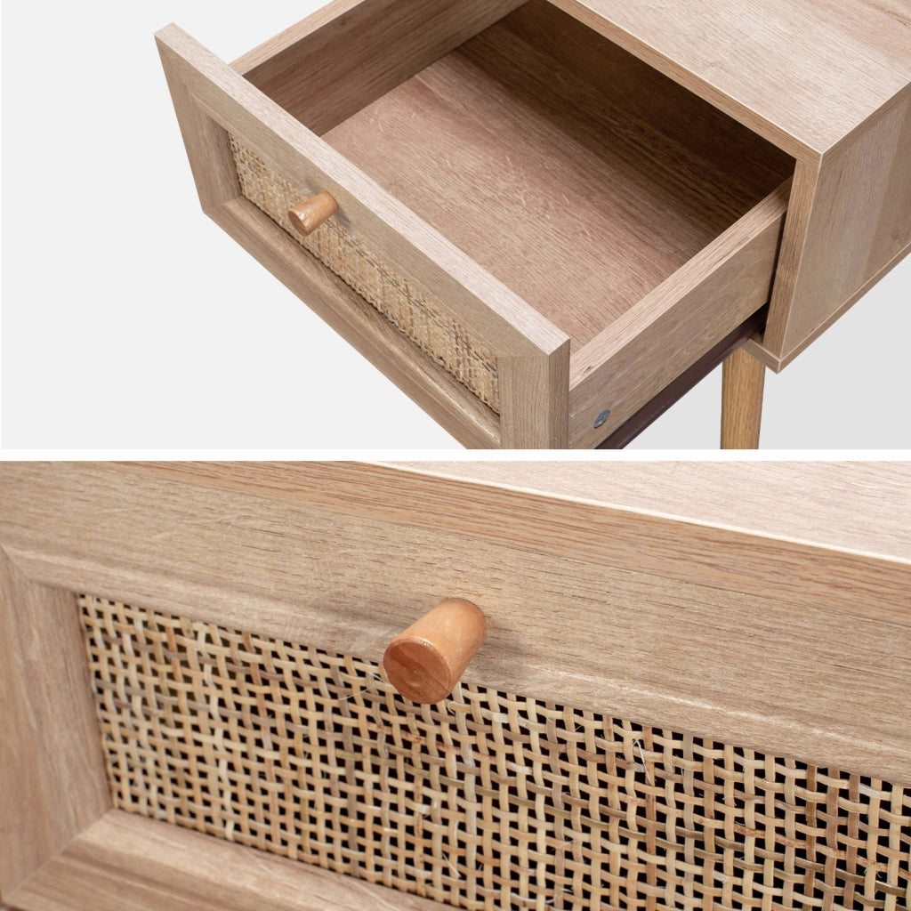 Set 2 comodini effetto legno e cannage, marrone naturale